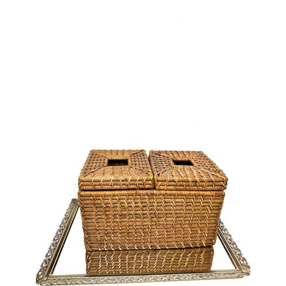 Vintage Boho Rectangular Wicker Storage Basket With Double Bins And Lids, Vintag - Picture 2 of 10